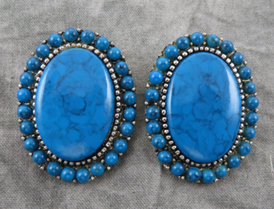 Roma Earrings Vintage Clip Blue Turquoise Beads Southwest 1.35 in Statement 190f