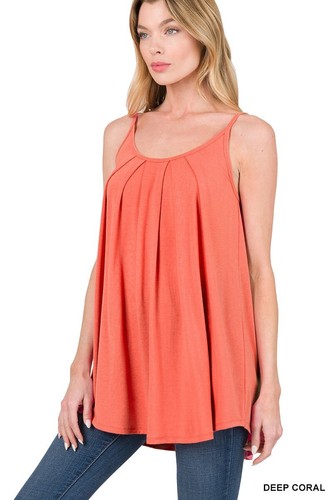 Sleeveless Tank Top Tunic - Pleated Scoop Neck Casual Flowy Deep Coral Size M