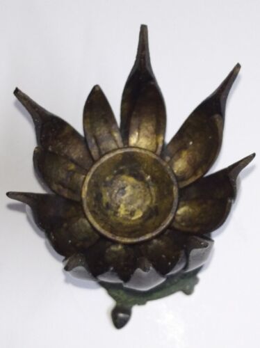 Antique Bronze Candle Holder Opens and Folds as Lotus Flower Tortoise Base 11 cm - Picture 6 of 15