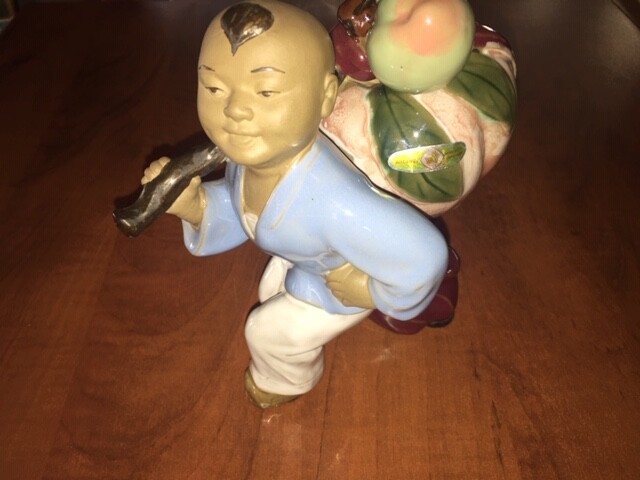 Chinese Mudman Clay Man Figurine Walking carrying fruit