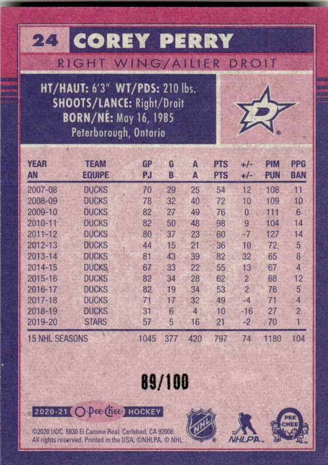 2020-21 O-Pee-Chee Retro Black Corey Perry 89/100 Dallas Stars #24 - Image 2 of 2