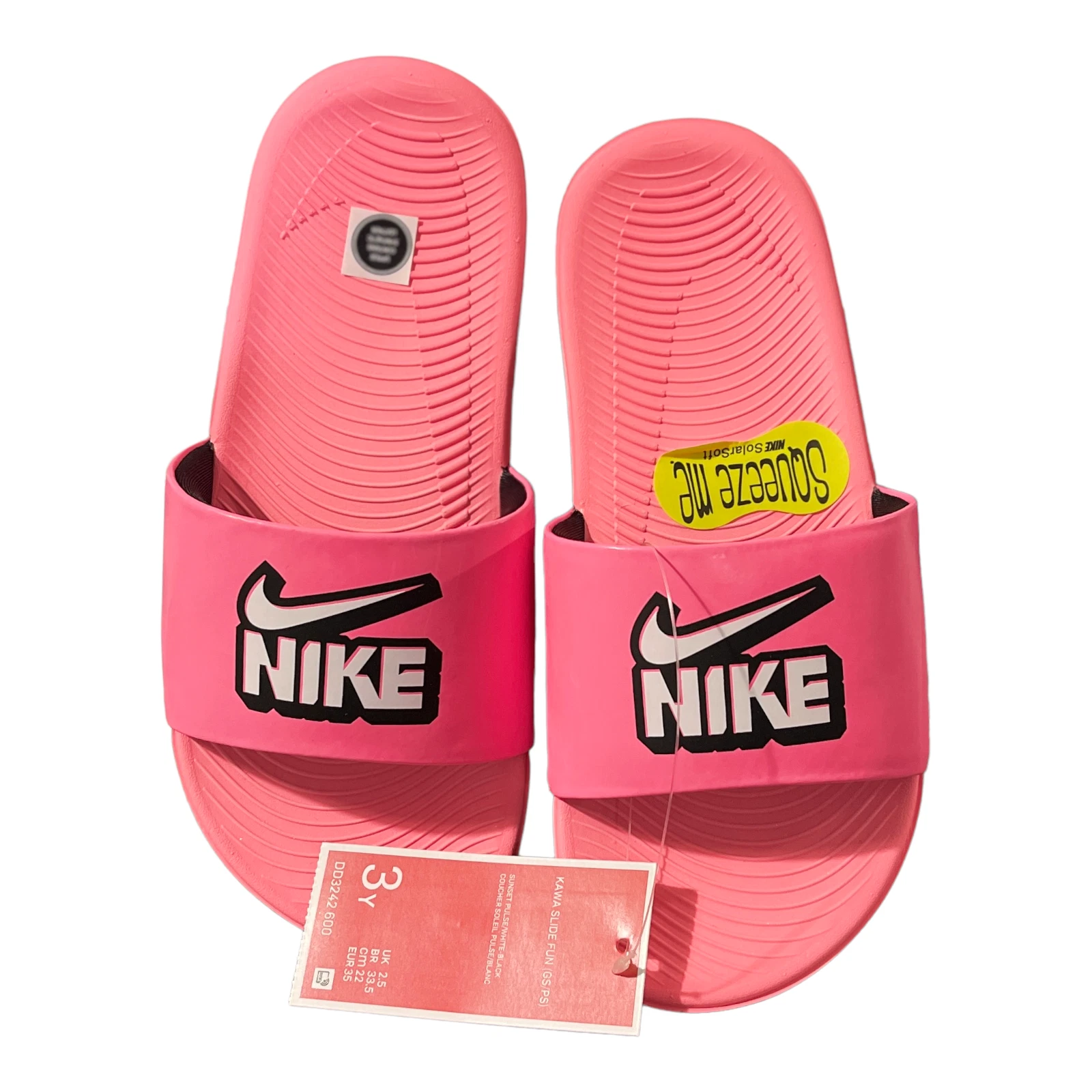 Sandali Nike Kawa punta aperta slip on slide divertenti taglia 3 anni rosa nuovi con etichette morbidi cuscini in schiuma