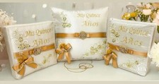 NEW 4PC Champagne Quinceanera Set Kneeling pillow Guestbook Photo album bible
