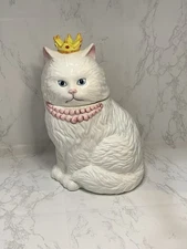 Ceramic Cat Cookie Jar, Handmade, Collectible, Color White, Used, Small Crack