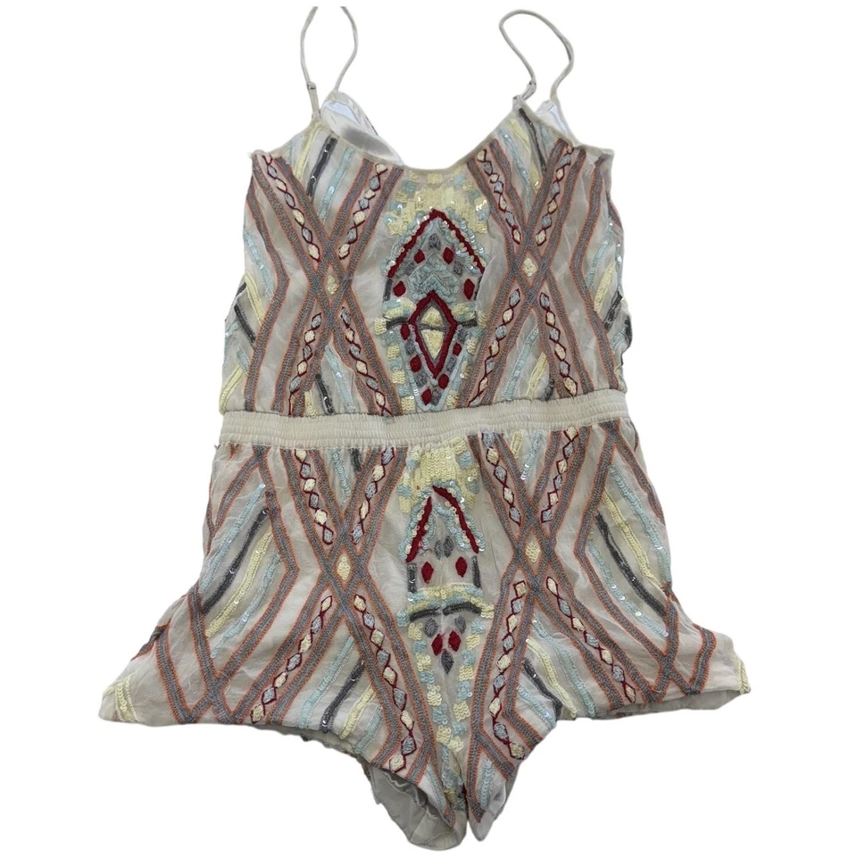 Romper Parker Feminino Pequeno Marfim Seda Frisada Lantejoulas Bordado Geométrico Decote V - Imagem 2 de 4