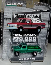 Greenlight 1/64 1978 Ford F-250 Custom Green Lifted 4x4 Diecast Model Toy Truck