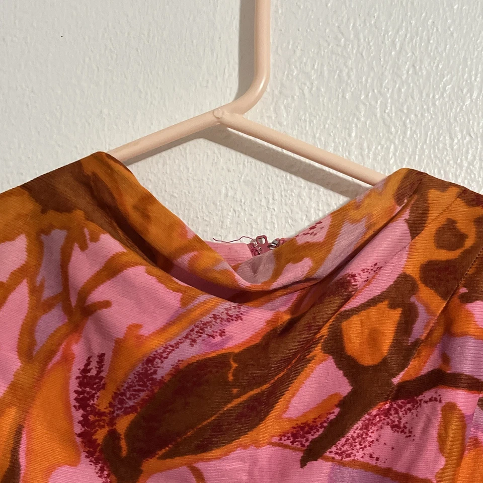 Vestido Vintage Lady Tucker Médio Laranja/Rosa Marrom Manga 3/4 Midi Anos 70 - Imagem 4 de 4