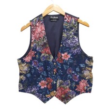 vtg 90s Floral Vest Women S Blue Tapestry Ornate Button Back Tie Waistcoat