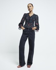 River Island Womens Top Black Floral Printed Shirred V-Neck Long Sleeve Blouse