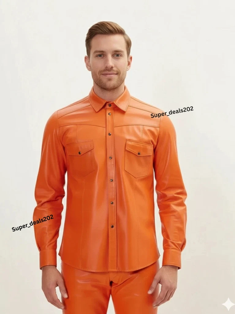Classic Leather Shirt Mens Handmade Orange Lambskin Casual Formal Slim Fit Style