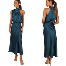 Petal + Pup Anabelle Teal Satin Halter Neck Sleeveless Midi Dress NWOT