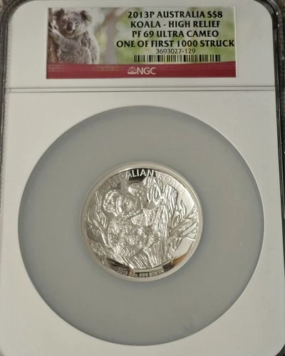 2013 P SILVER AUSTRALIA HIGH RELIEF $8 KOALA 5 OZ COIN NGC PF 69 UC COA