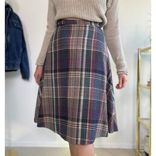 Vintage 70s Plaid A-Line Midi Skirt, Size XS Navy Wool Blend RT Junior Russ Togs