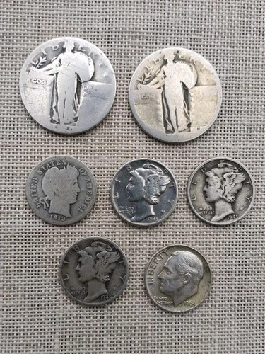 Vintage Lot Of USA Silver Quarters & Dimes  Standing Liberty, Mercury, Barber