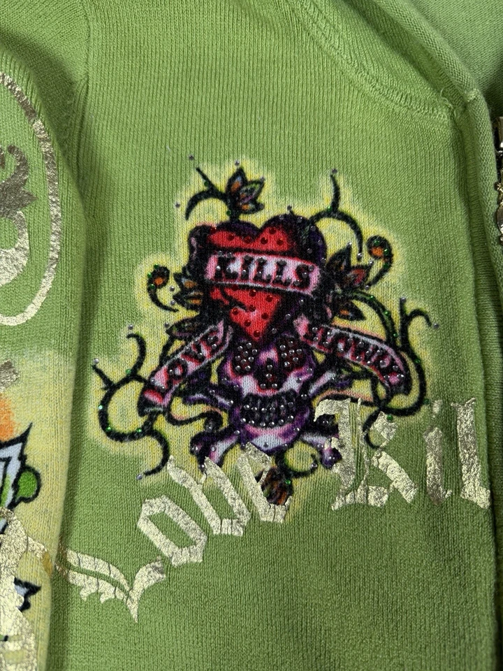 Sudadera con Capucha Ed Hardy Love Kills Slowly Cremallera Talla S Diamantes de Imitación Tatuaje Y2K De Colección Verde Foto 4 de 4