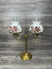 Black Brass Double Arm Student Desk Lamp w/ Hobnail Milk Glass Shades