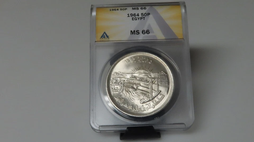 1964 Egypt Egyptian 50 pastres silver coin ANACS graded MS66 - Image 2 of 4