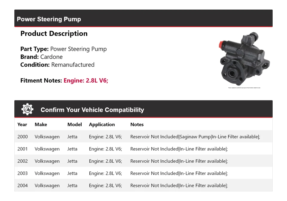 For 2000-2004 Volkswagen Jetta 2.8L V6 Power Steering Pump Cardone 2001 2002 - Image 2 of 4