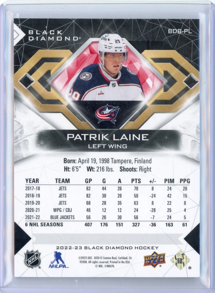 PATRIK LAINE 2022-23 BLACK DIAMOND RED BASE PARALLEL /75 #BDB-PL - Image 2 of 2