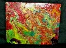 ORIGINAL ACRYLIC PAINTING ABSTRACT ART Wall Decor fluid pour  red,gold,green,