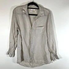 C & C California Womens M 100% Linen Button Up Blouse Long Sleeve Tan Beach