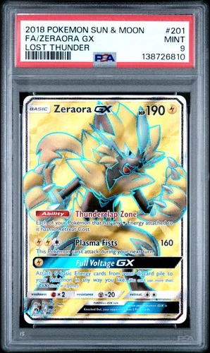 2018 POKEMON SUN & MOON LOST THUNDER #201 FULL ART/ZERAORA GX PSA 9