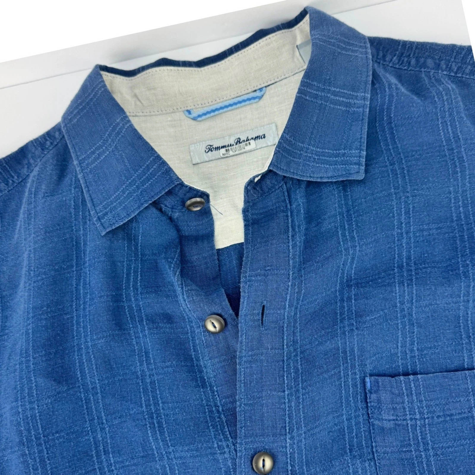 Tommy Bahama L Linen Men Blue Textured Plaid Long Sleeve Button Down Shirt