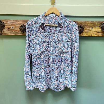 Express The Portofino Shirt Slim Fit Paisley Medallion Button Up Teal Pink M