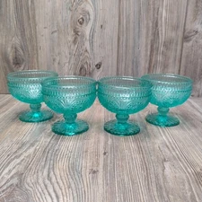 *4* PIONEER WOMAN Adeline Glass Dessert Bowl Set Footed Turquoise Teal Ice Cream