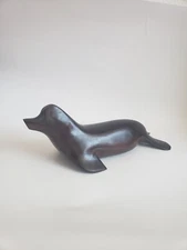 Solid Wood Onepiece Hand Carved Brown Shore Sea Animal Seal Large Heavy Figurine