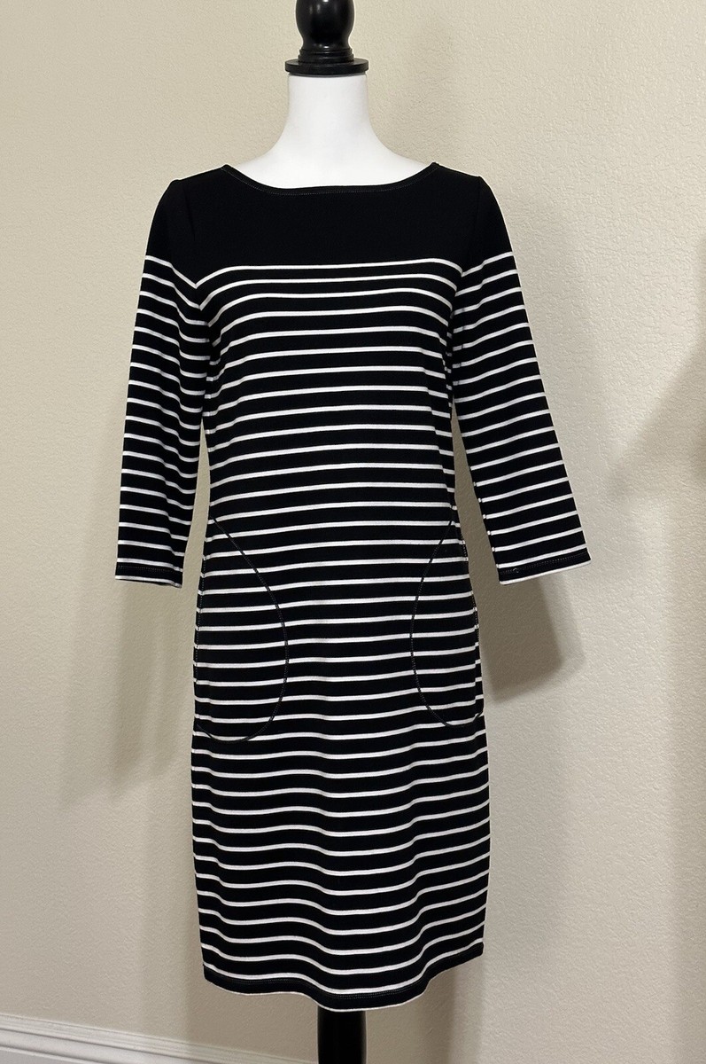 MAX STUDIO 3/4 Sleeve Dress Mariner Coastal Preppy Black/ White Striped |  eBay
