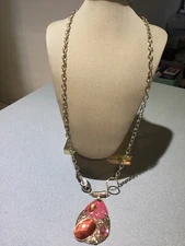 large 34" statement Necklace  MODERNIST PENDANT 3.7"JEWELED PINK STONES Fashion