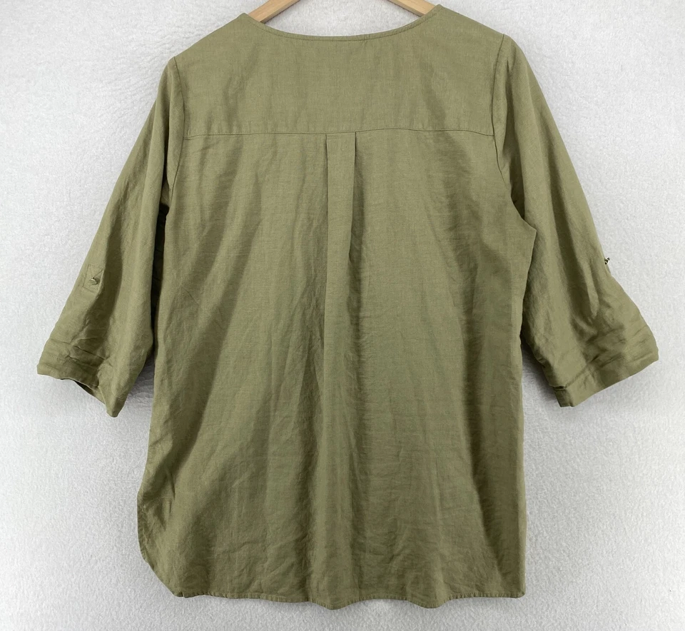 DANA BUCHMAN Top L Linen Blend Utility Blouse 1/2 Zip Roll Tab Sleeve Green - Image 3 of 4