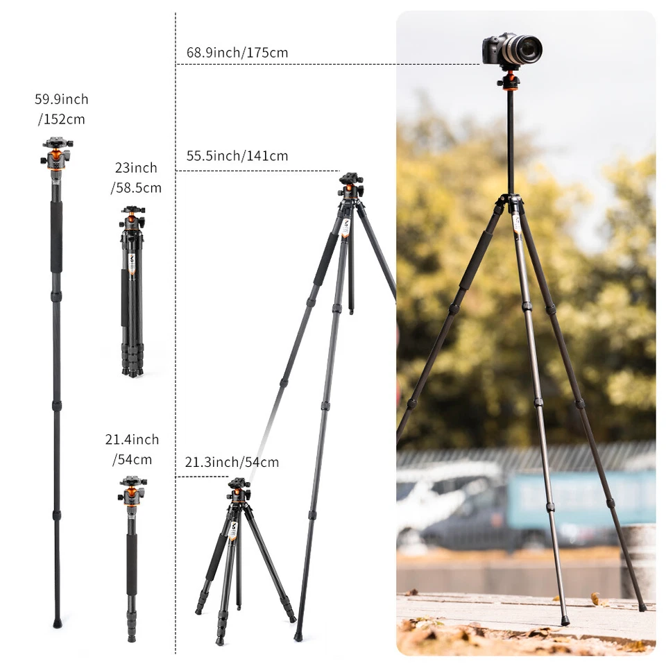 K&F Concept 70in Travel Tripod 33lbs Load For Dslr Cameras w/ Twist Lock&Monopod - Image 4 of 4