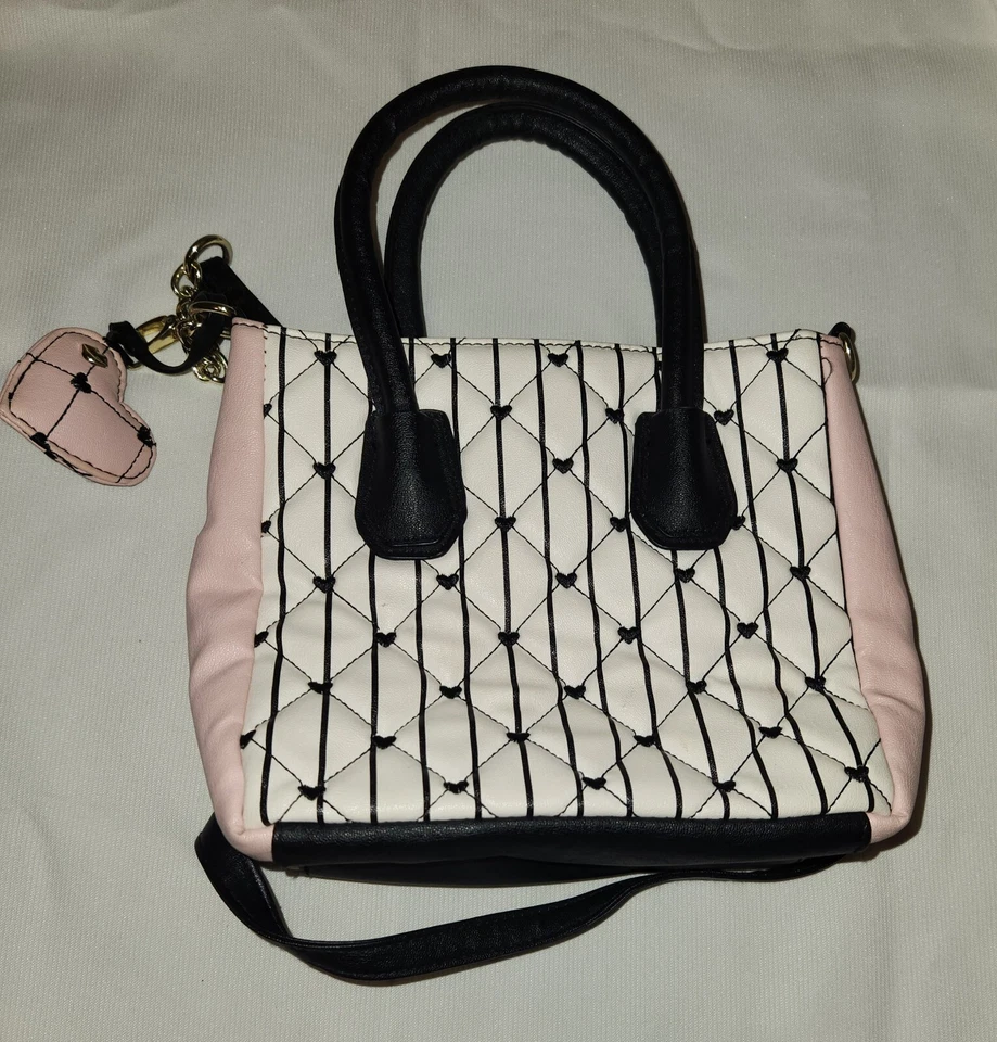 Betsy Johnson White And Pink Handbag Purse With Black Hearts - Shoulder Strap  - Image 4 of 4
