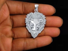 925 Silver White Lab-Created Lion Head King of Animal Large Fashion Mens Pendant