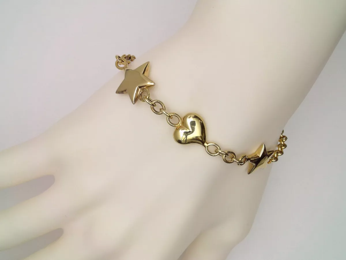 HEART STARS LADIES BRACELET ON ROLO LINKS 14 kt Yellow Gold 7