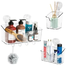 Clear Shower Caddy Suction Cup Shelf Organizer with Hooks Removable Shower Ba...