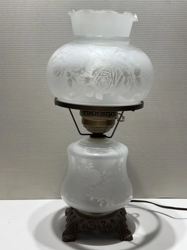 Vintage Milk Glass Embossed Roses 17.5" Duplex Lamp 3-way Works
