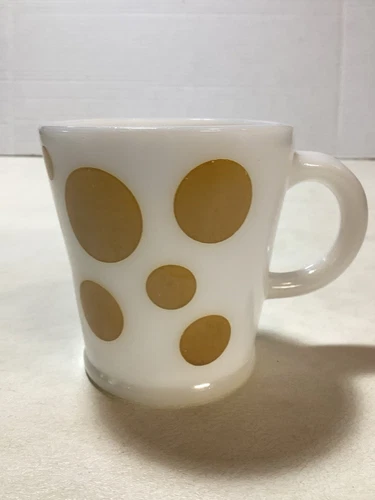 Vintage Hazel Atlas Yellow/Beige on White Polka Dot Milk Glass Mug Cup