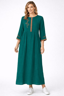 Women's Cotton Blend Green Embroidered Placket A-Line Dress XL #1695-B5