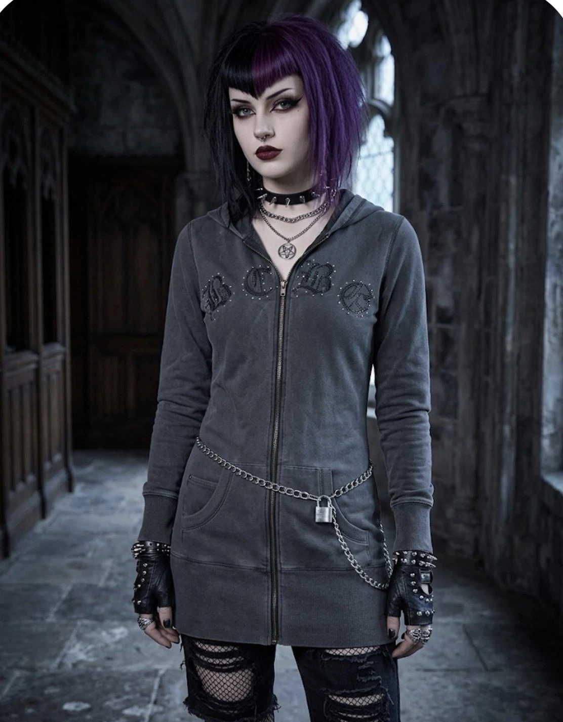 Y2k Vintage Gray Embroidered Full Zip Hoodie Gothic Grunge Women’s Size S
