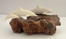 John Perry Dolphin Family Sculpture 3 White Resin Pod On Burl Wood SALE!