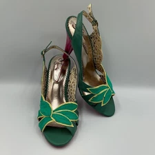 Poetic Licence Spring Blooms Basil Green Leaf Slingback Heels Size 8.5