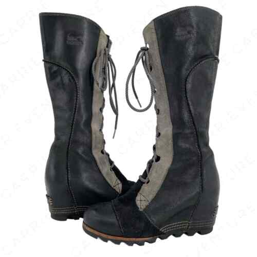 Sorel Cate The Great Tall Hidden Wedge Black Grey Leather Suede Lace Up Boot 7.5 - Picture 1 of 14