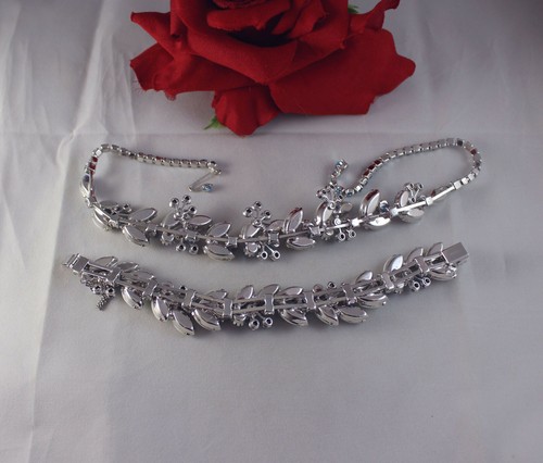 Vintage Weiss Blue AB Rhinestone Necklace Pin Bracelet Set CAT RESCUE - Picture 6 of 6