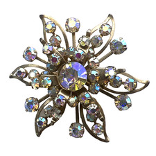 Sparkling Vintage Iridescent Aurora Borealis Rhinestone Star Flower Brooch Pin
