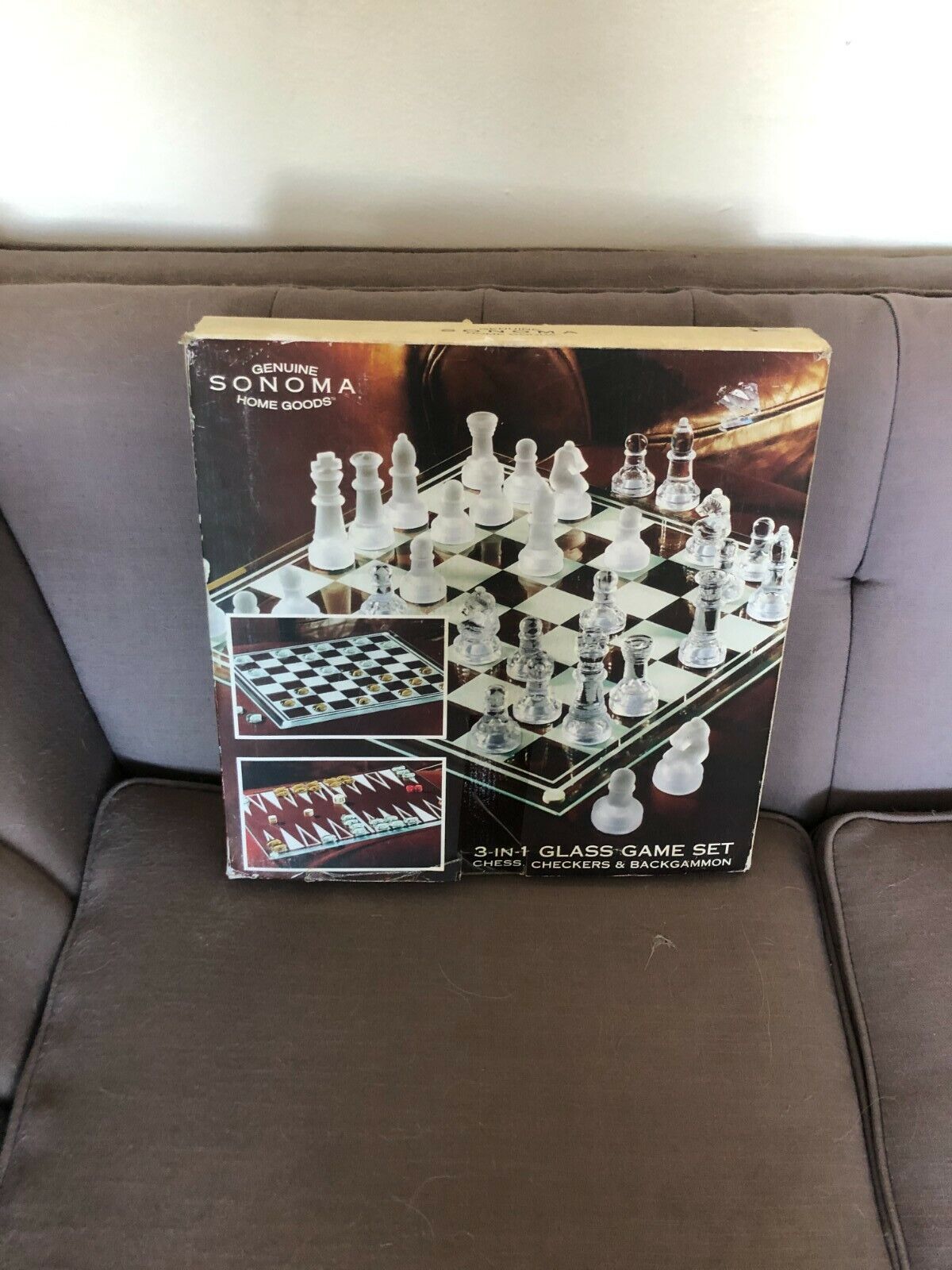 Genuine Sonoma 3 in 1 Glass Game Set Chess Checkers & Backgammon NIB