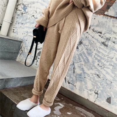 Lady Knitted Harem Pants Trousers Faux Wool Thick Loose Bloomers Drawstring Long