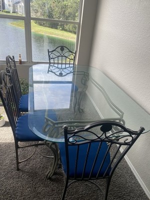 5-Piece Glass Top Rectangular Dining Table Set, Metal Frame, 4 Chairs Blue